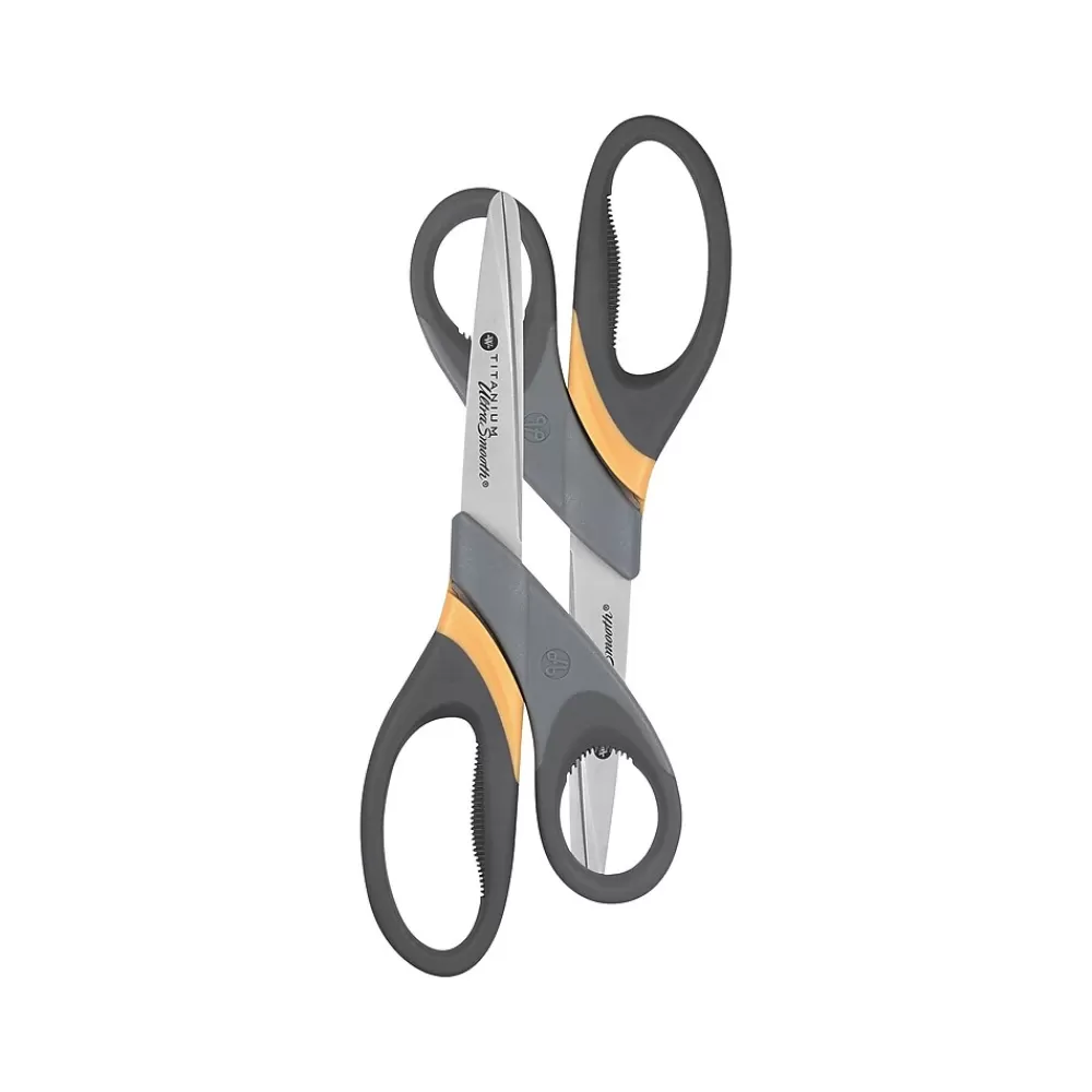 Westcott Scissors<Titanium Bonded UltraSmooth 8" Heavy Duty Scissors, Blunt Tip, Gray/Yellow, 2/Pack (14107)