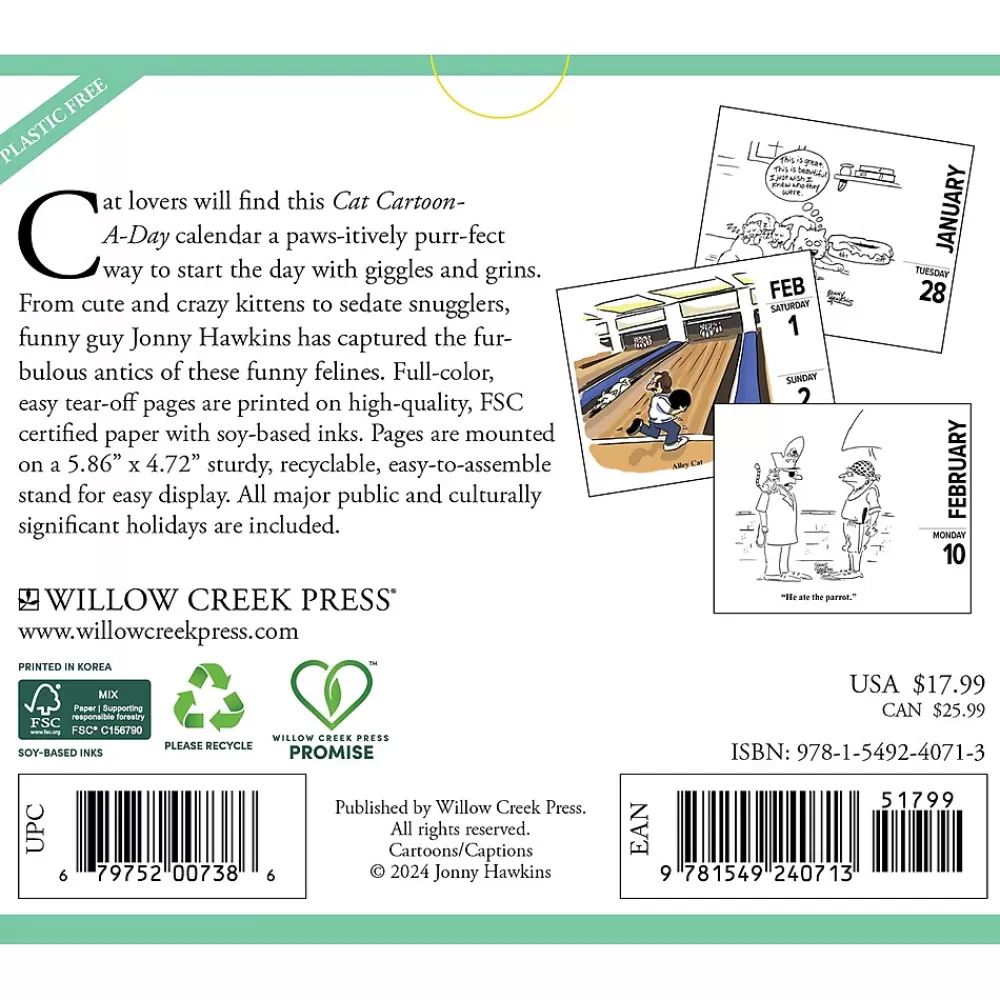 Willow Creek 2025 Calendars<2025 Cat Cartoon-A-Day by Jonny Hawkins 6" x 5.5" Day-to-Day Calendar, Multicolor (40713)