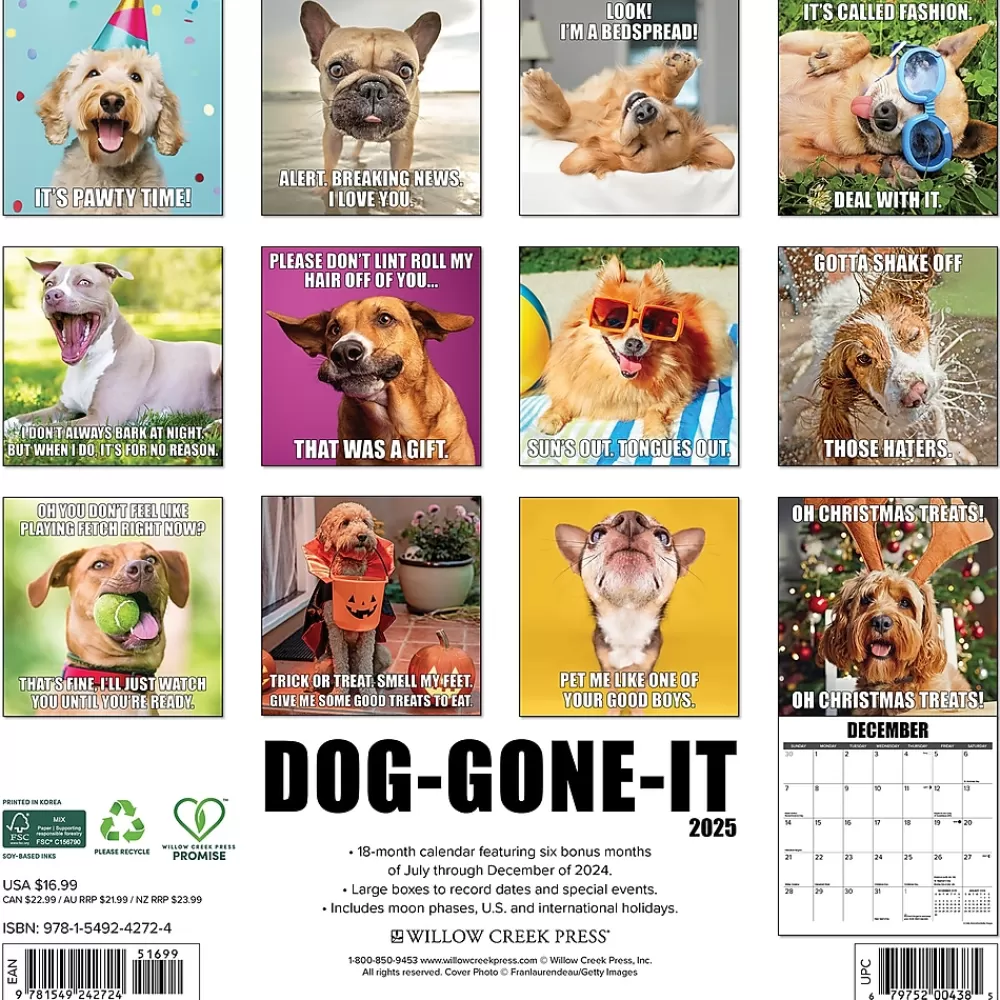 Willow Creek 2025 Calendars<2025 Dog-Gone-It 12" x 12" Monthly Wall Calendar (42724)