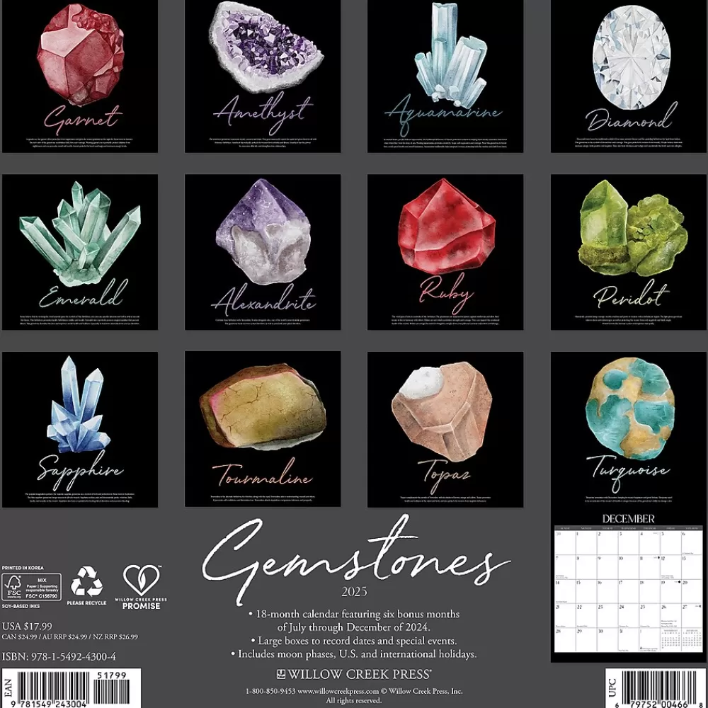 Willow Creek 2025 Calendars<2025 Gemstones 12" x 12" Monthly Wall Calendar (43004)