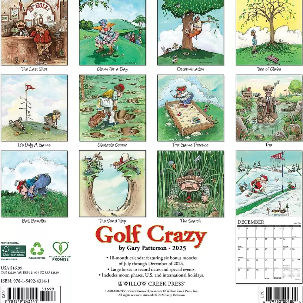 Willow Creek 2025 Calendars<2025 Golf Crazy Cartoon 12" x 12" Monthly Wall Calendar (43141)