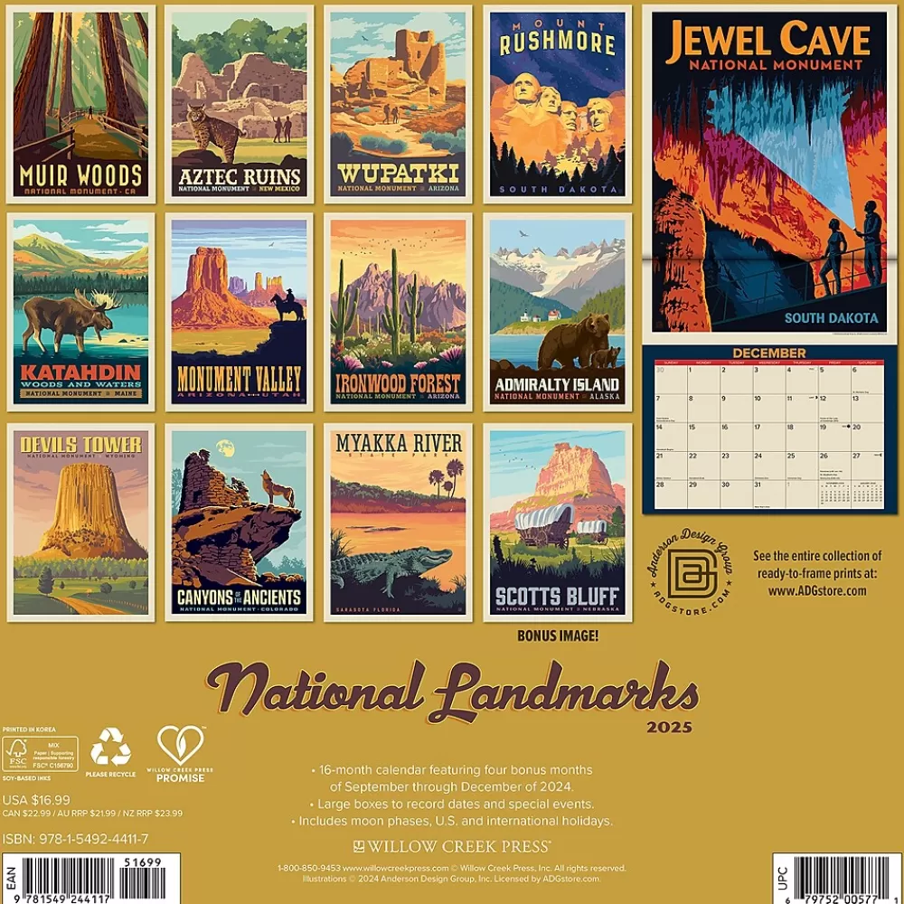 Willow Creek 2025 Calendars<2025 National Landmarks 12" x 12" Monthly Wall Calendar (44117)