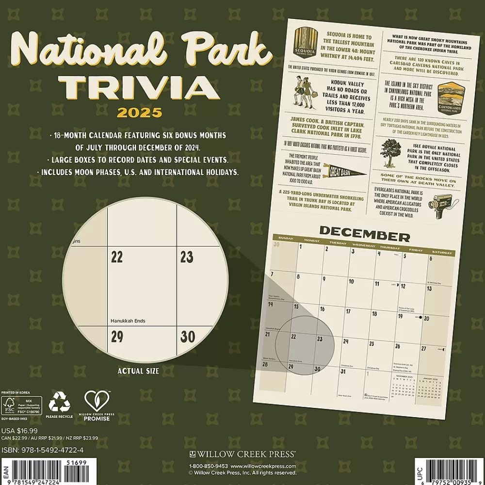 Willow Creek 2025 Calendars<2025 National Park Trivia 12" x 12" Monthly Wall Calendar (47224)