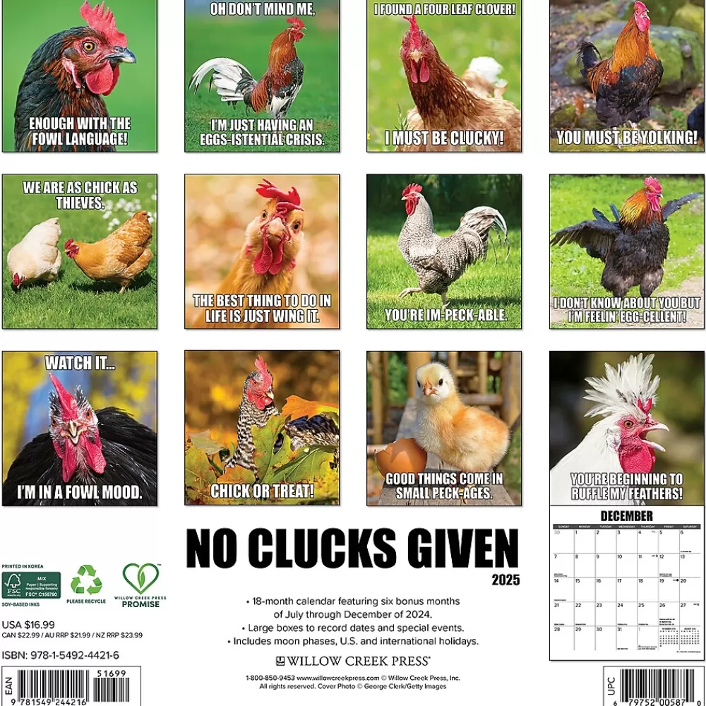 Willow Creek 2025 Calendars<2025 No Clucks Given 12" x 12" Monthly Wall Calendar (44216)