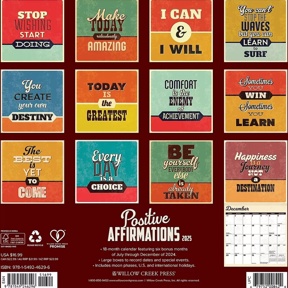 Willow Creek 2025 Calendars<2025 Positive Affirmations 12" x 12" Monthly Wall Calendar (46296)