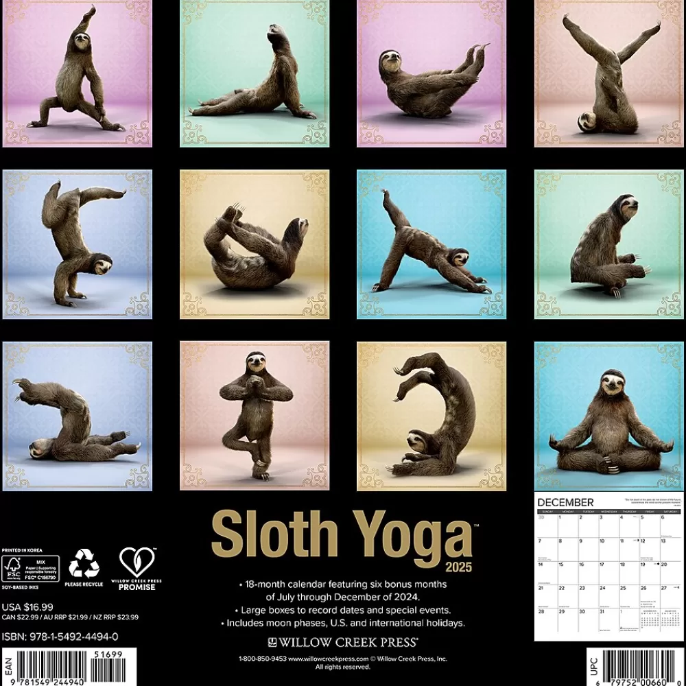 Willow Creek 2025 Calendars<2025 Sloth Yoga 12" x 12" Monthly Wall Calendar (44940)