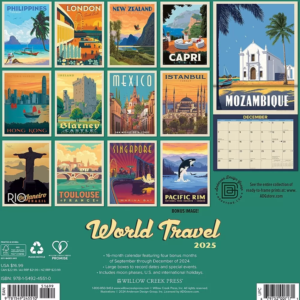 Willow Creek 2025 Calendars<2025 World Travel Art Posters 12" x 12" Monthly Wall Calendar (45510)