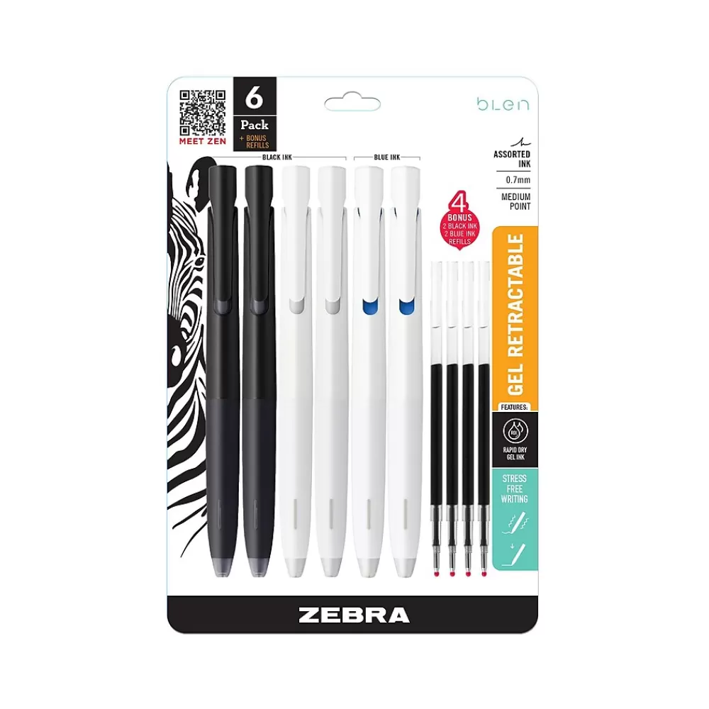 Zebra Pens<bLen Retractable Gel Pens, Medium Point, 0.7mm, Assorted Ink, 6/Pack (49501)
