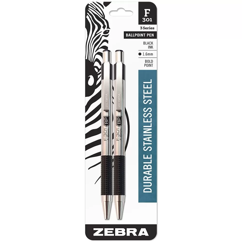 Zebra Pens<F-301 Retractable Ballpoint Pen, Bold Point, 1.6mm, Black Ink, 2 Pack (27312)