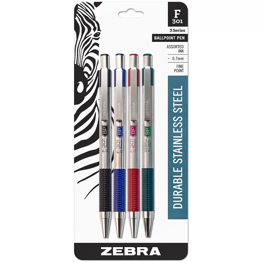 Zebra Pens<F-301 Retractable Ballpoint Pen, Fine Point, 0.7mm, Assorted Ink, 4 Pack (27174)