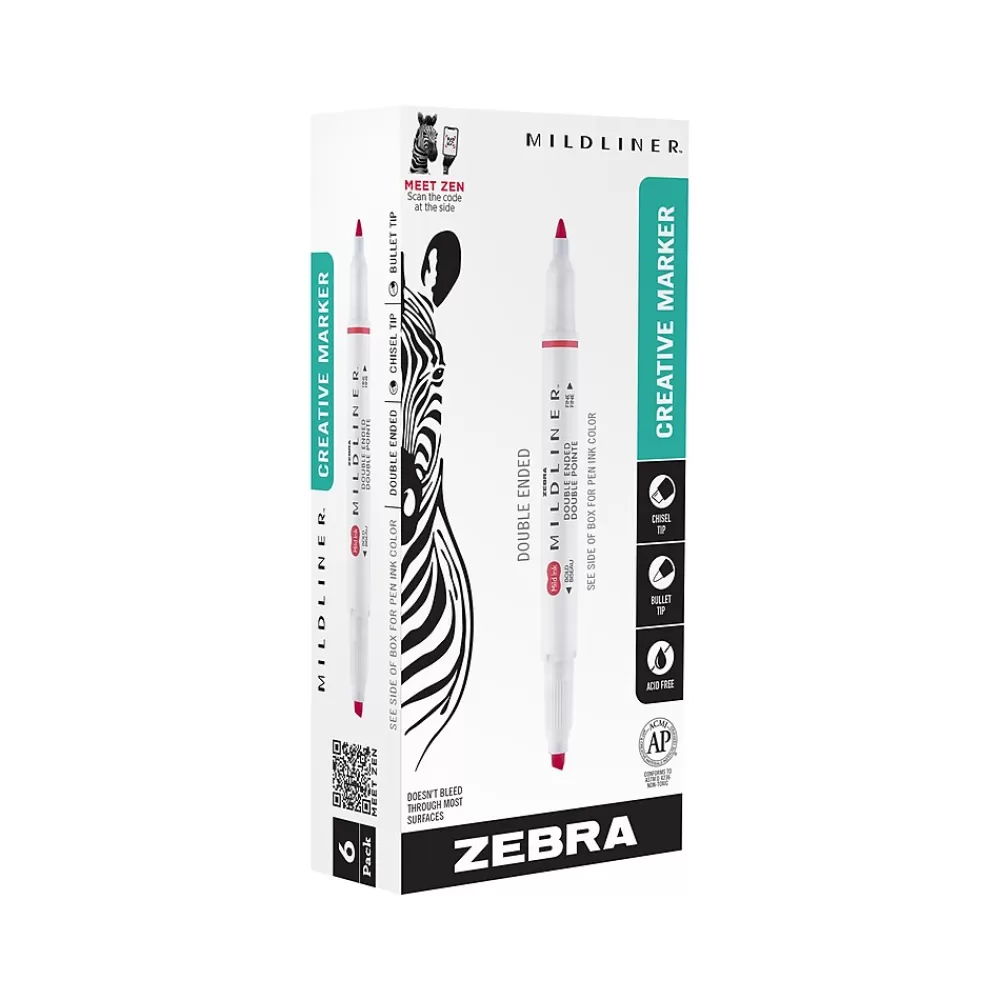 Zebra Highlighters<MILDLINER Double-Ended Creative Highlighter, Chisel/Bullet Tip, Red, 6/Pack (78130R)