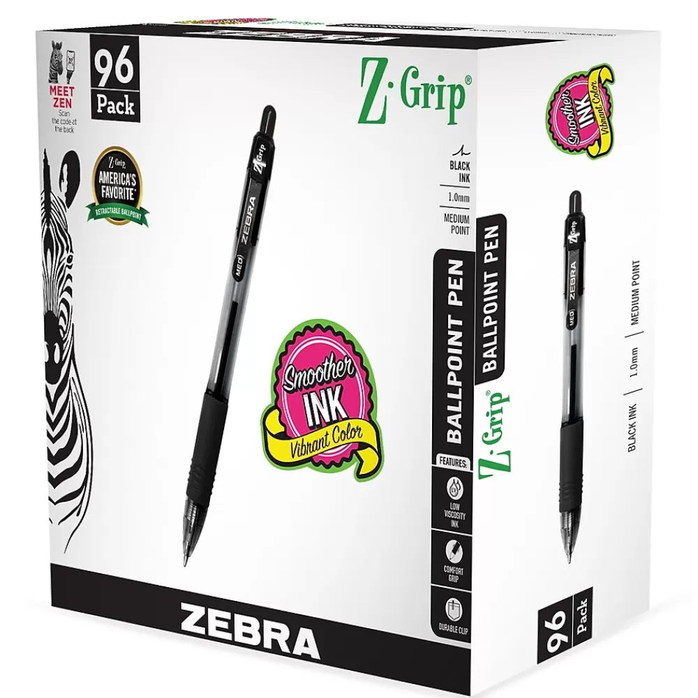 Zebra Pens<Z-Grip Retractable Ballpoint Pen, Medium Point, 1.0mm, Black Ink, 96/Pack (22196)